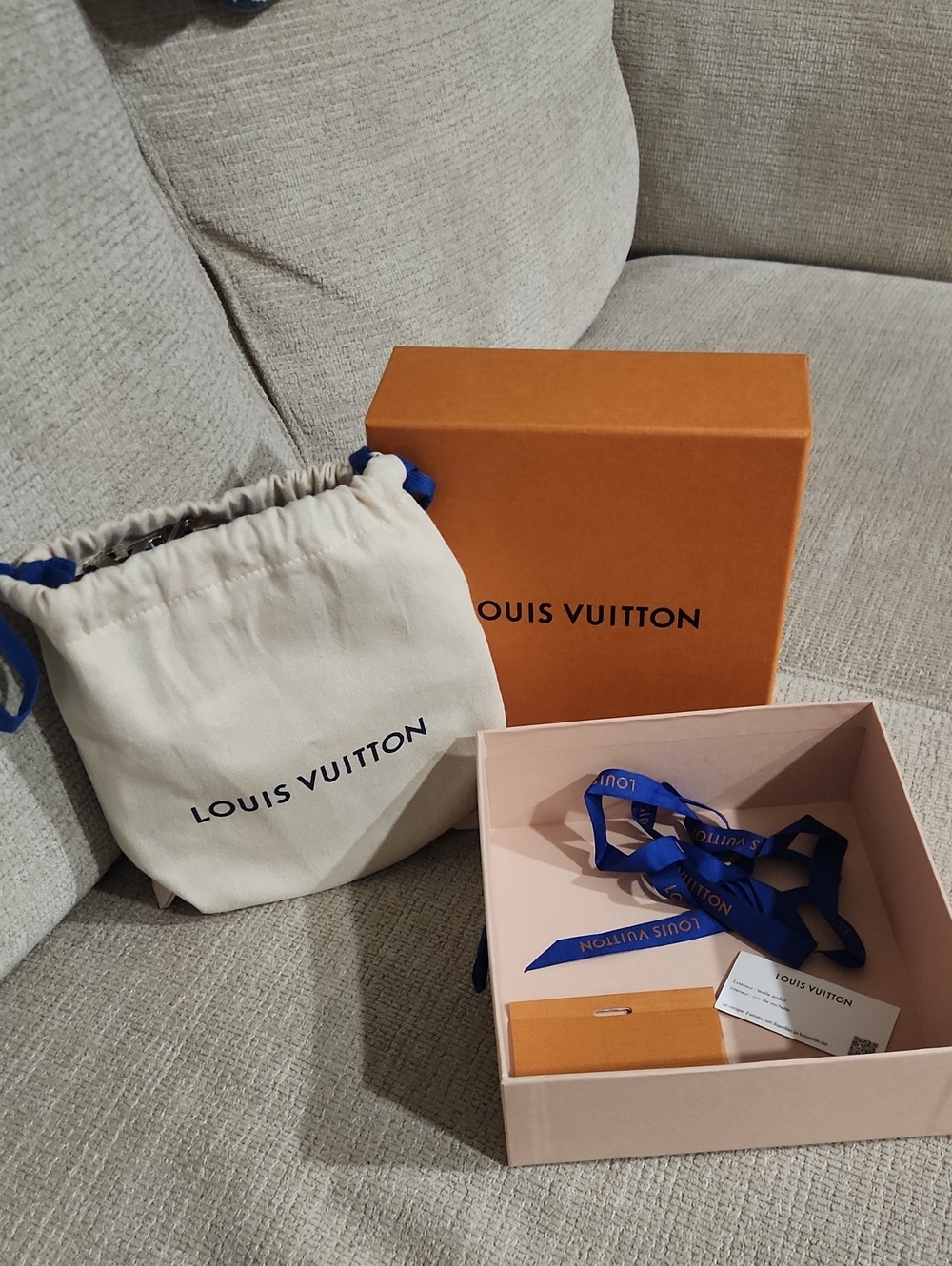 Louis Vuitton Orange Box with Cream Dust Bag and Blue Ribbon Set